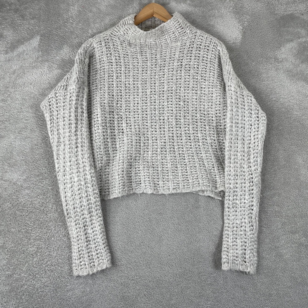 Aerie Sweater Womens Small Gray Wool Alpaca Blend Cropped Chunky Knit Mock Neck